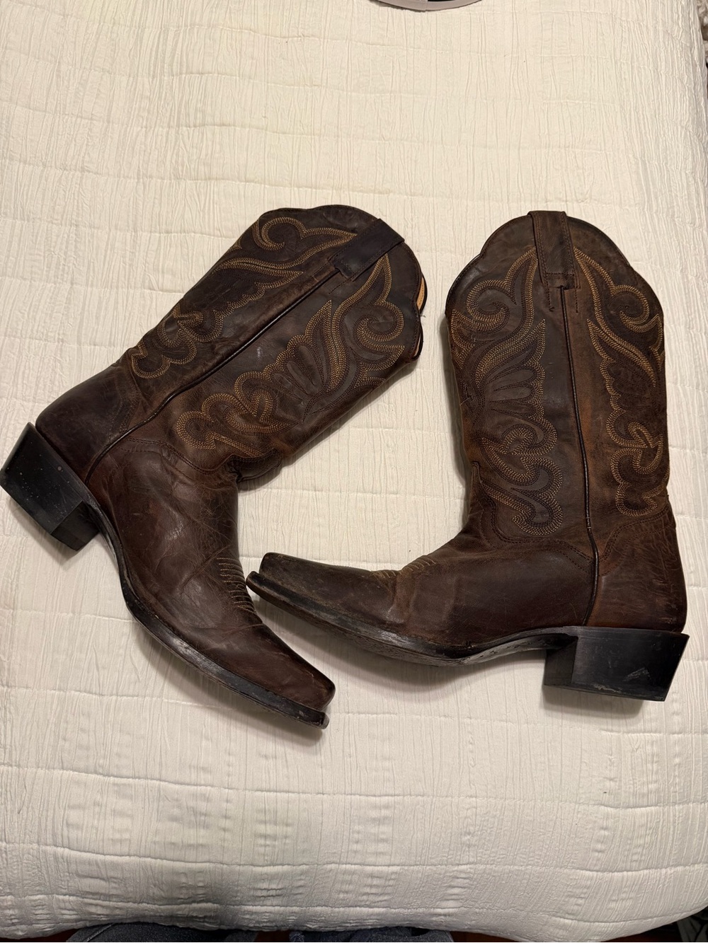 J.B. Dillion Brown Leather Cowboy Boots - Embroidered Shaft